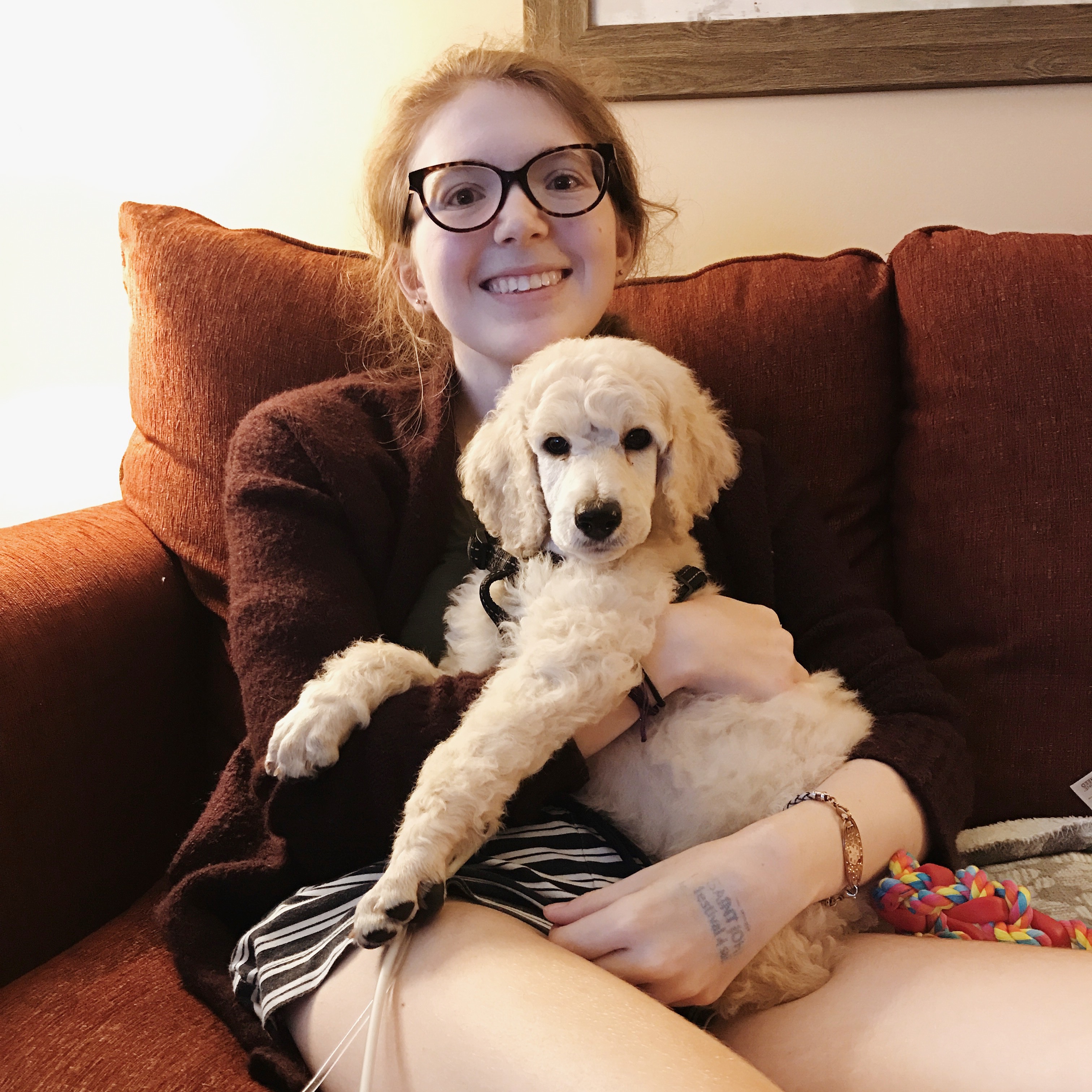 Photo is of a young women sitting on a red couch. She has blonde hair and vintage cat-eye style glasses. She is holding a cream poodle puppy. They are both looking at the camera. The young women is wearing a dark burgundy sweater and navy and white striped shorts. Beside her on the couch, you can see a pink, blue, and yellow rope dog toy and grey blanket.